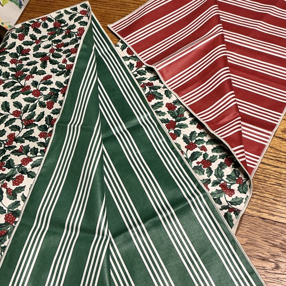 2 Longaberger Holly 24” square table covers and Holiday Pinecone Basket Liner
